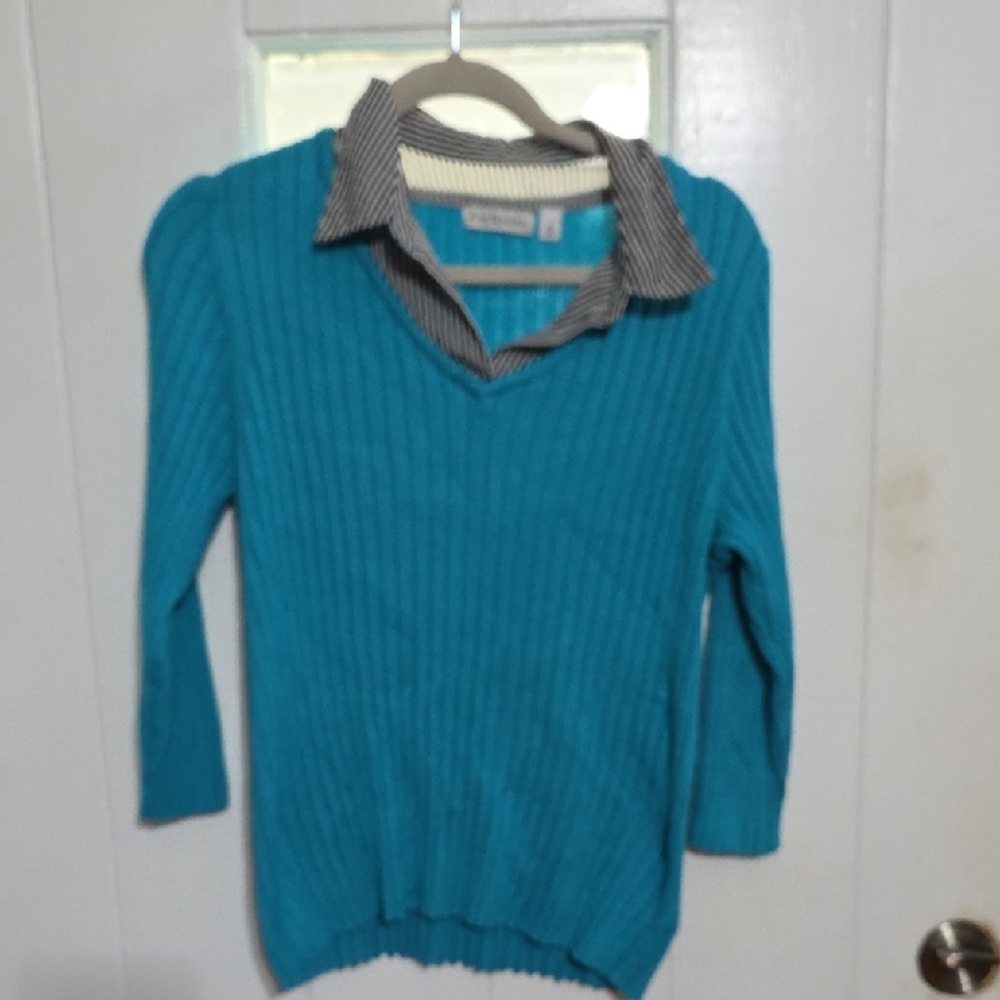 Kim Rogers Womens Faux 2 Piece Sweater Aqua V-Neck Black White Collar Sz XL GUC